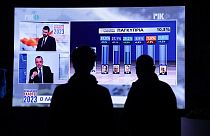 Supporters of presidential candidate Andreas Mavrogiannis watch the exit poll results on a large screen outside his office in the Cypriot capital Nicosia, on February 5, 2023.