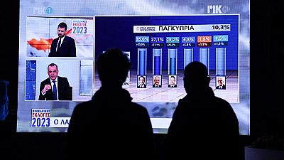 Supporters of presidential candidate Andreas Mavrogiannis watch the exit poll results on a large screen outside his office in the Cypriot capital Nicosia, on February 5, 2023.