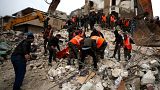 Civil defense workers and security forces search through the wreckage of collapsed buildings in Hama, Syria, Feb. 6, 2023.