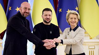 Ukrainian President Volodymyr Zelenskyy (C) with EU chiefs Charles Michel and Ursula von der Leyen during the EU-Ukraine summit in Kyiv, Ukraine, Feb. 3, 2023. 