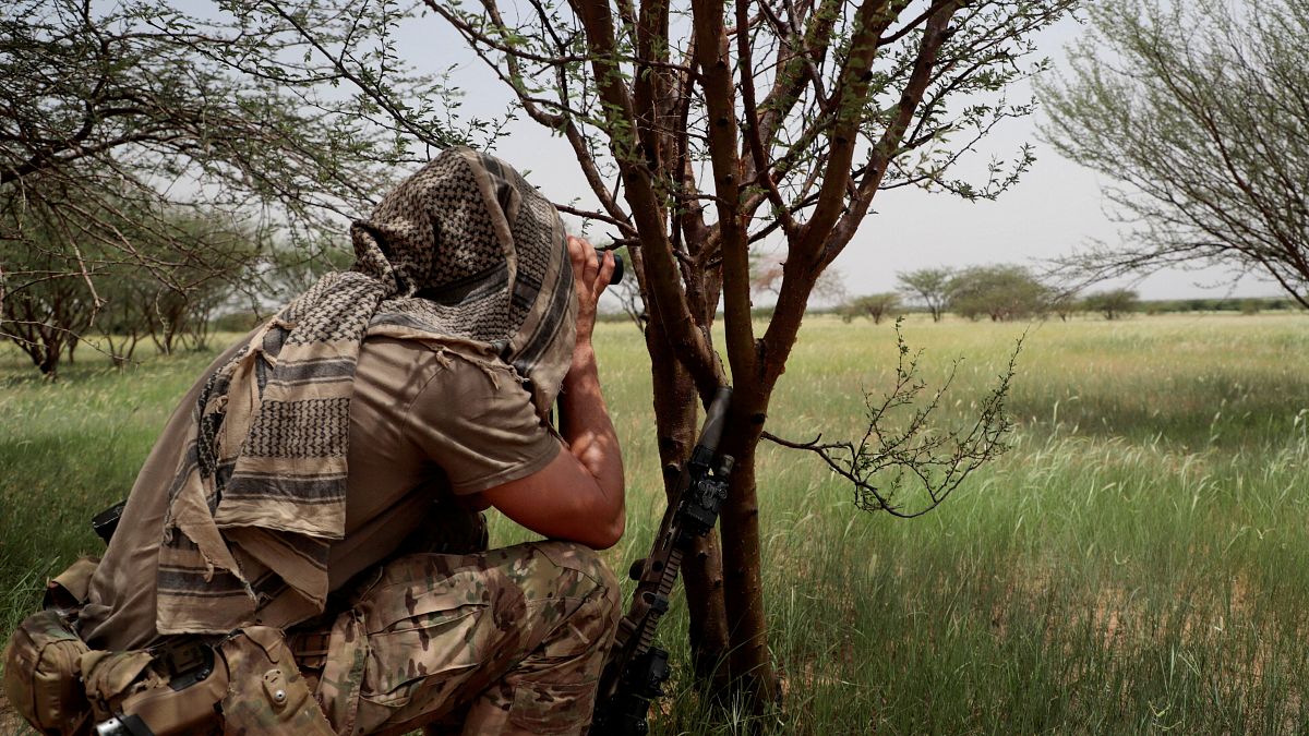 أحد أفراد قوة تاكوبا الجديدة يقوم بالمراقبة خلال دورية مع قوات من مالي قرب الحدود مع النيجر عام 2021