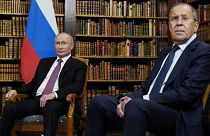 Russian President Vladimir Putin and Russian Foreign Minister Sergey Lavrov, as they meet with President Joe Biden, June 16, 2021, in Geneva, Switzerland.
