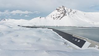 The AlpinSolar power plant of Swiss Axpo energy company on the dam of Lake Muttsee, near Linthal, Switzerland.