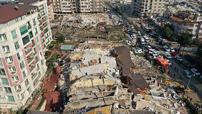 An aerial view shows collapsed and damaged buildings after an earthquake in Hatay, Turkey February 7, 2023