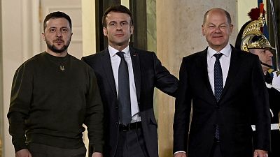 President Zelenskyy, Emmanuel Macron and Olaf Scholz at the Elysee presidential palace, 8 February 2023