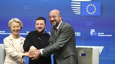 From left, European Commission President Ursula von der Leyen, Ukraine's President Volodymyr Zelenskyy, European Council President Charles Michel in Brussels, Feb. 9, 2023.