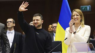 Ukrainian President Volodymyr Zelenskyy addressed a full house of the European Parliament in Brussels.