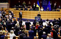 President Zelenskyy addresses EU Parliament in Brussels.