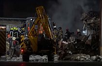 Bulldozer clearing rubble and debris after an explosion in Kyiv. 