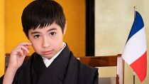 Ten-year-old kabuki actor Maholo Terajima attends a press conference at the French embassy in Tokyo on February 7, 2023.