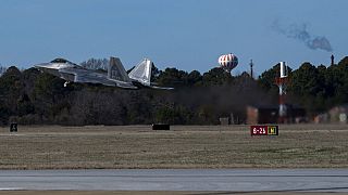 This photo provided by the U.S. Air Force shows a U.S. Air Force pilot taking off in an F-22 Raptor at Joint Base Langley-Eustis, Va., Saturday, Feb. 4, 2023.