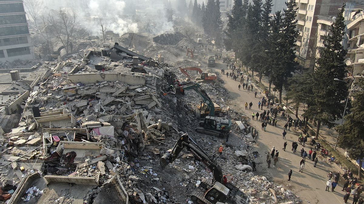 Luftaufnahme aus Kahramanmaras, wo mehrere Verschüttete leben gerborgen wurden.