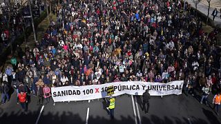 Protesters march to support the public health service in one of four columns which will meet in the centre of Madrid, Spain, Sunday, Feb. 12, 2023.