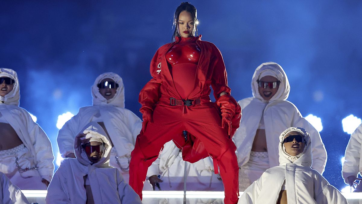 Rihanna performs during the halftime show at the NFL Super Bowl 57 football game, Sunday, February 12. 