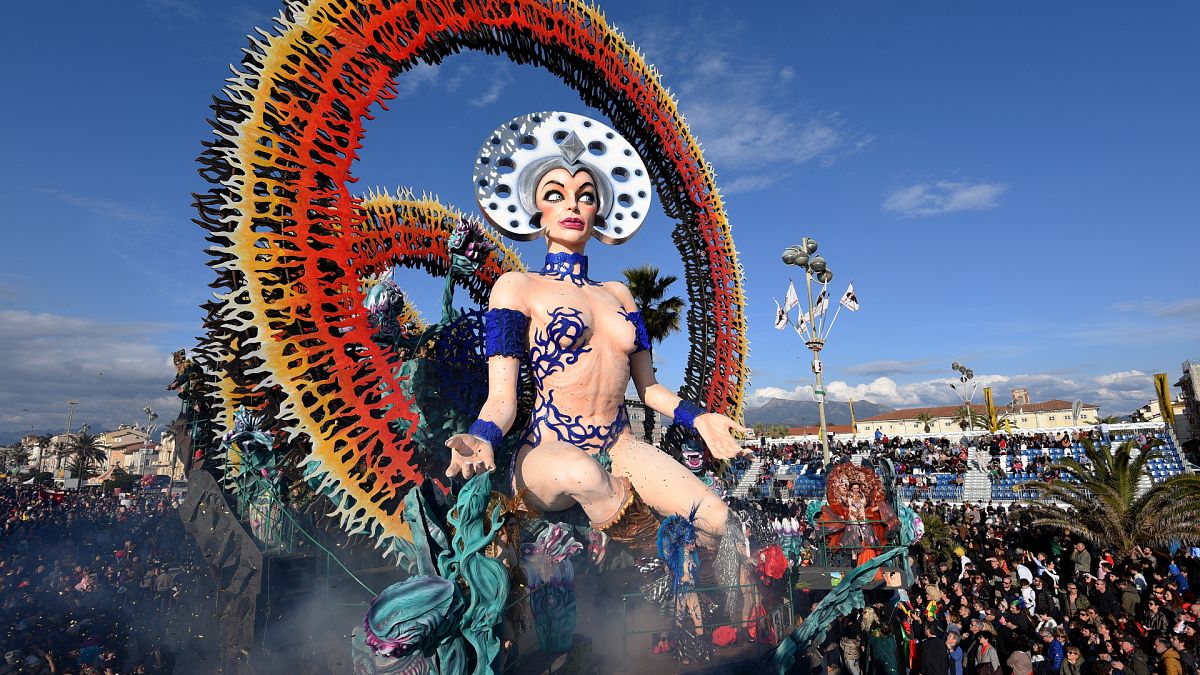 A carnival float entitled "The Seed of Beauty" rolls through the streets of Viareggio during the traditional carnival in Tuscany.