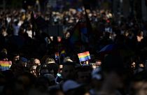 People march during a gay pride parade in Budapest, Hungary, July 24, 2021. 