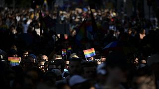People march during a gay pride parade in Budapest, Hungary, July 24, 2021.