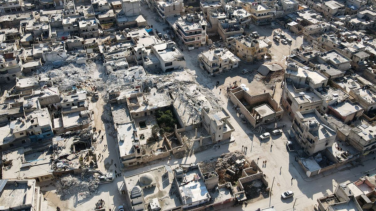 An aerial view shows collapsed buildings following last week's earthquake in Syria's rebel-held village of Atarib.