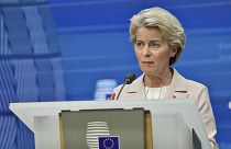 European Commission President Ursula von der Leyen speaks during a media conference at an EU summit in Brussels, Feb. 9, 2023.
