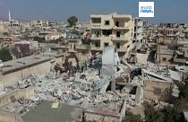Drone footage of buildings in the Syrian rebel-held town of Jindayris.