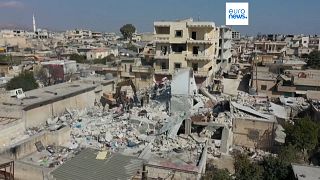 Drone footage of buildings in the Syrian rebel-held town of Jindayris.