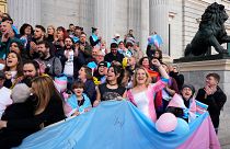На ступенях испанского парламента люди приветствуют проект закона о правах трансгендеров, одобренный 16 февраля 2023 года (Мадрид, 22 декабря 2022 г.)