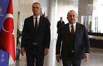 Turkey's Foreign Minister Mevlut Cavusoglu, right, NATO Secretary General Jens Stoltenberg arrive for a joint press conference in Ankara, 16 February 2023