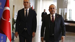 Turkey's Foreign Minister Mevlut Cavusoglu, right, NATO Secretary General Jens Stoltenberg arrive for a joint press conference in Ankara, 16 February 2023