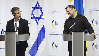 Ukraine's Foreign Minister Dymitro Kuleba (right) with his Israeli counterpart Eli Cohen