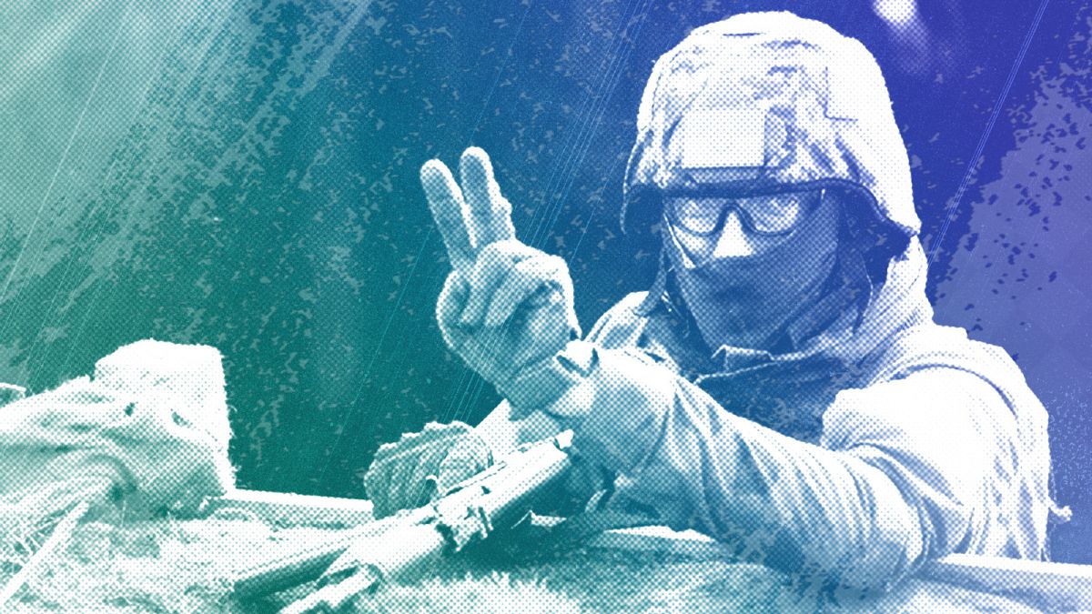 A Ukrainian soldier gestures as he takes part in a military exercise in Northern England, 16 February 2023