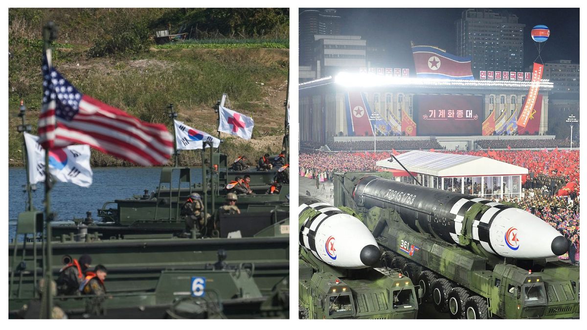 نمایش موشک‌های قاره‌پیما در رژه هشتم فوریه ۲۰۲۳ در کره شمالی (راست) و رزمایش مشترک کره جنوبی و آمریکا در حال عبور از رودخانه‌ای در کره جنوبی در اکتبر ۲۰۲۲ (چپ)