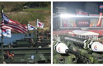 نمایش موشک‌های قاره‌پیما در رژه هشتم فوریه ۲۰۲۳ در کره شمالی (راست) و رزمایش مشترک کره جنوبی و آمریکا در حال عبور از رودخانه‌ای در کره جنوبی در اکتبر ۲۰۲۲ (چپ)
