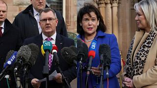 Sir Jeffery Donaldson of the DUP (Left), Mary Lou MacDonald and Michelle O'Neill of Sinn Fein (Right)