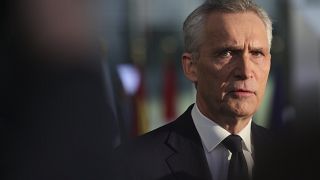 NATO Secretary General Jens Stoltenberg speaks as he arrives for a NATO defense ministers meeting at NATO headquarters in Brussels, Tuesday, Feb. 14, 2023.