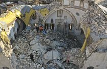 View of a mosque which collapsed in the earthquake, in Antakya, Turkey, Saturday, Feb. 11, 2023. 