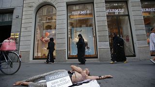 A PETA aktivistájának akciója a Hermès milanói üzlete előtt 2015-ben