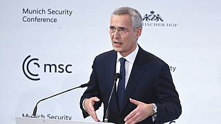 Jens Stoltenberg, le secrétaire général de l'OTAN, prononce un discours lors de la Conférence de Munich sur la sécurité, à Munich (Allemagne), le samedi 18 février 2023.