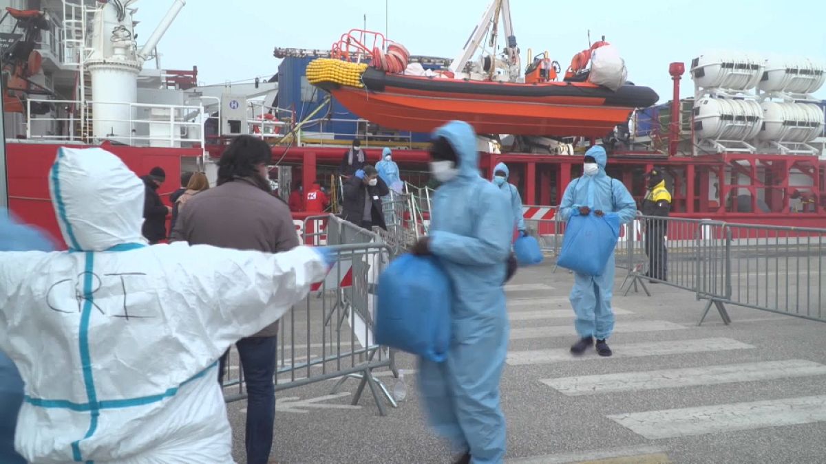Ocean Viking rescue ship docks at the Italian port of Ravenna, February 18.