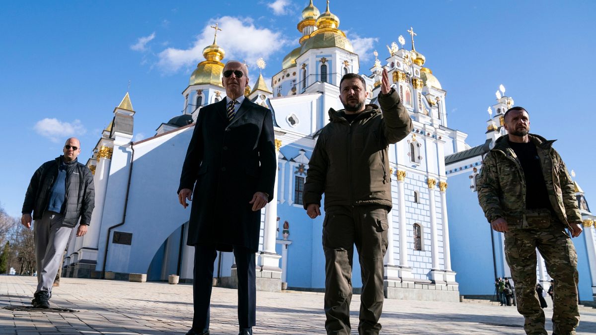 US President Joe Biden, centre left, walks with Ukrainian President Volodymyr Zelenskyy at St. Michael's Golden-Domed Cathedral during an unannounced visit, in Kyiv, Ukraine, 