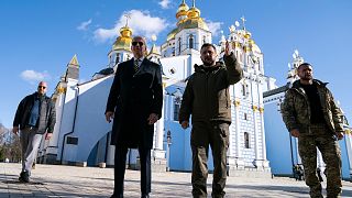 US President Joe Biden, centre left, walks with Ukrainian President Volodymyr Zelenskyy at St. Michael's Golden-Domed Cathedral during an unannounced visit, in Kyiv, Ukraine, 