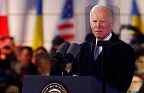 President Joe Biden holds a speech at the Royal Castle after meeting with Polish President Andrzej Duda in Warsaw, Poland, Tuesday, Feb. 21, 2023.