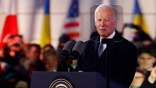 President Joe Biden holds a speech at the Royal Castle after meeting with Polish President Andrzej Duda in Warsaw, Poland, Tuesday, Feb. 21, 2023.