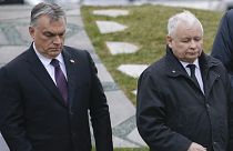 Hungarian Prime Minister Viktor Orban (L) and Jaroslaw Kaczynski, the leader of Poland's ruling party, Law and Justice in Budapest, Hungary, April 6, 2018. 