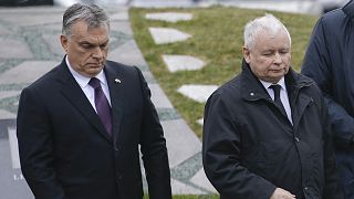 Hungarian Prime Minister Viktor Orban (L) and Jaroslaw Kaczynski, the leader of Poland's ruling party, Law and Justice in Budapest, Hungary, April 6, 2018.
