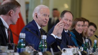 Joe Biden amerikai elnök (b2) az Andrzej Duda lengyel államfővel folytatott megbeszélése közben a varsói államfői rezidencián 2023. február 21-én