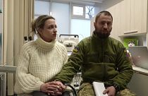 Ukrainian soldier Vitalii Khroniuk and his wife, Anna Sokurenko at the fertility clinic in Kyiv, Ukraine.