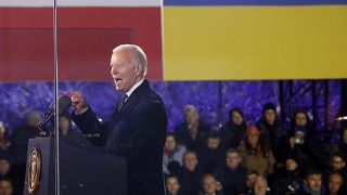 President Joe Biden holds a speech at the Royal Castle after meeting with Polish President Andrzej Duda in Warsaw, Poland, Tuesday, Feb. 21, 2023.