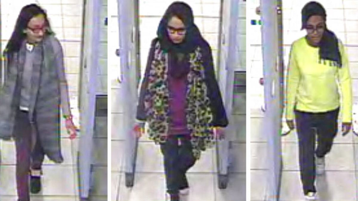 FILE - This is a Monday Feb. 23, 2015 image of a three image combo of stills taken from CCTV issued by the Metropolitan Police Kadiza Sultana, left, Shamima Begum