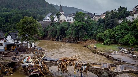 Houses were destroyed by the flooding of the Ahr river in Schuld, Germany, 2021.