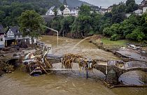 Houses were destroyed by the flooding of the Ahr river in Schuld, Germany, 2021..